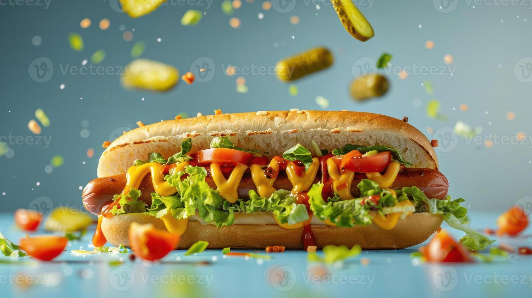 A hot dog covered in toppings like mustard, ketchup, mayonnaise, relish, tomato and lettuce, photo