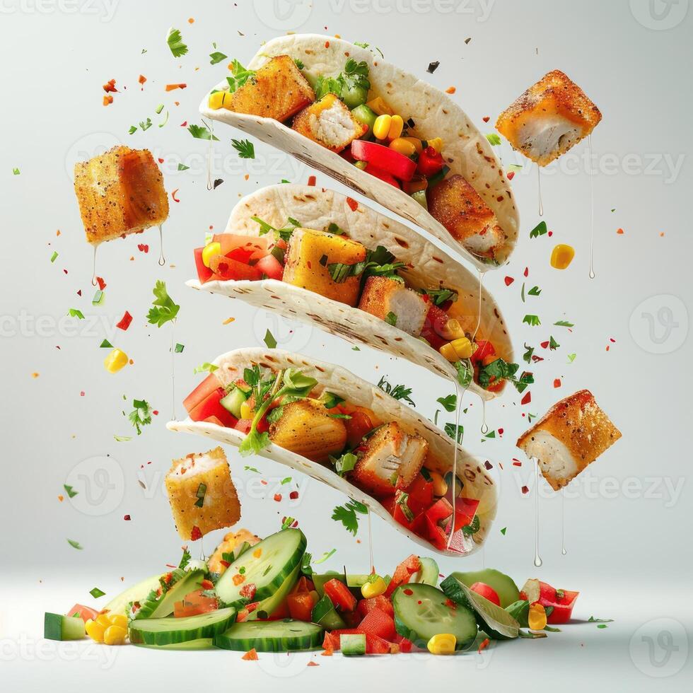 Tasty taco toppings bursting out of each other in a fountain-like display. photo