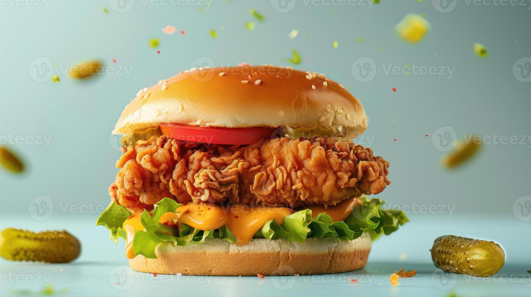 Chicken sandwich on a bun, garnished with pickles and tomato. photo