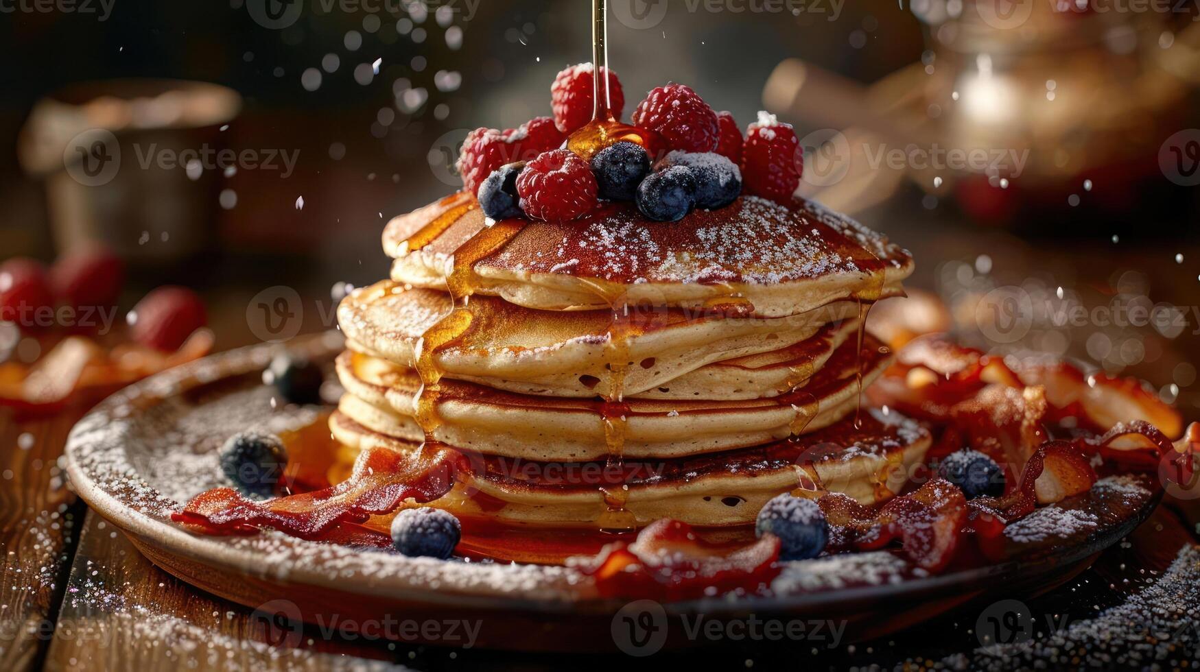 Delicious stack of pancakes drizzled with honey, topped with fresh fruits and whipped cream photo