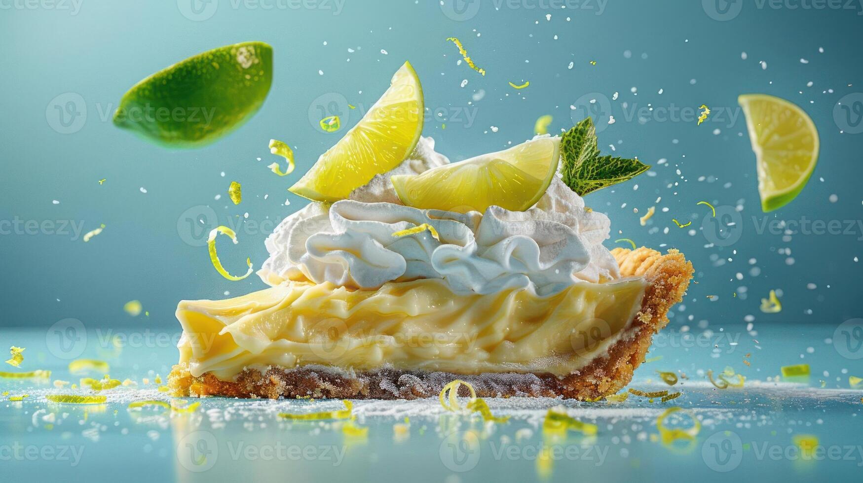 A whimsical scene depicts a slice of pie, drizzled with lime syrup and whipped cream, photo