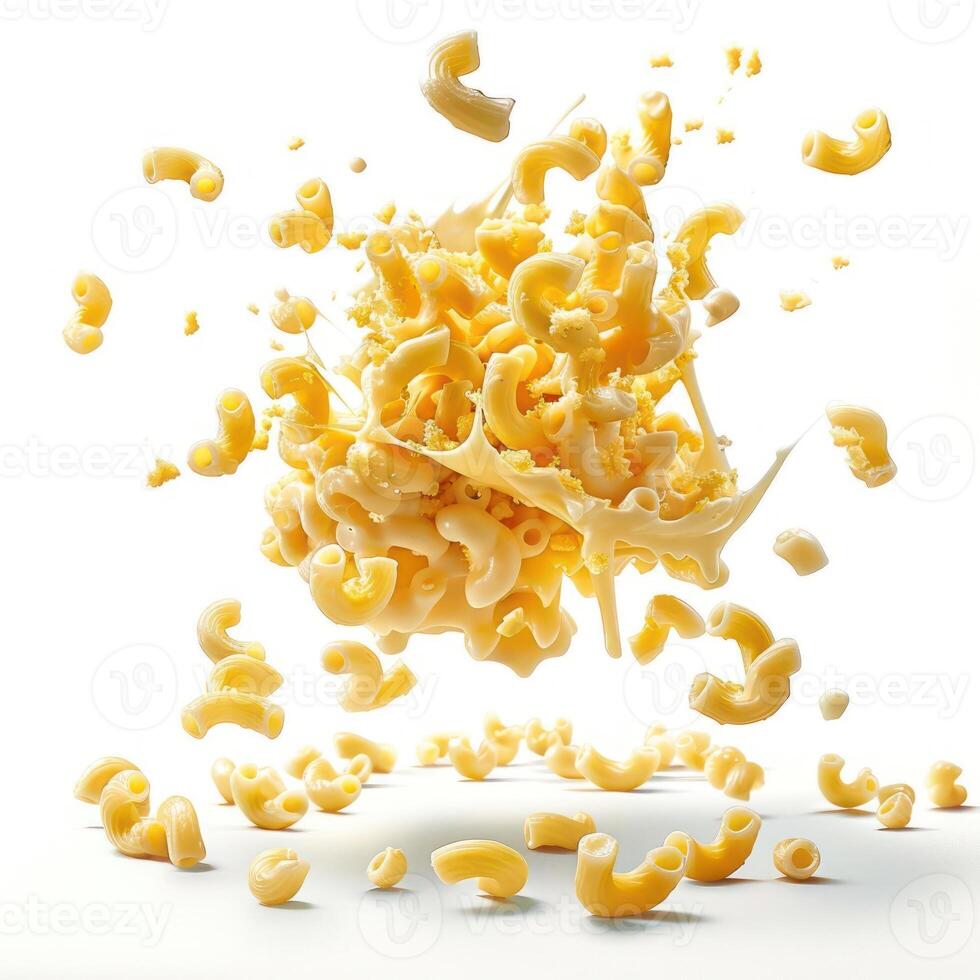 Macaroni and cheese shells splattered against a white background. photo