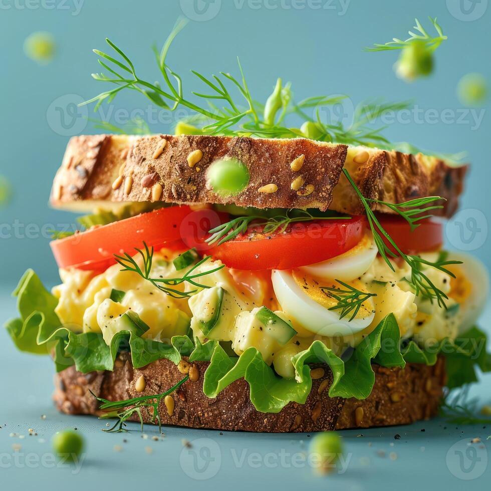 A close-up of a sandwich filled with veggies, eggs, and other fresh ingredients, photo
