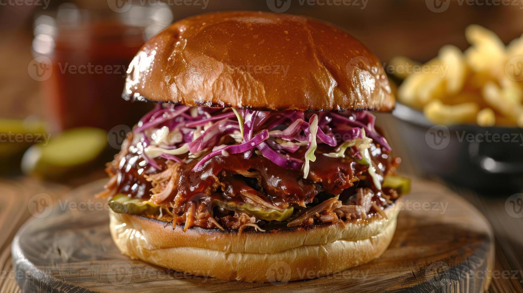 Barbecue pulled pork sandwich with purple onion and coleslaw toppings, photo