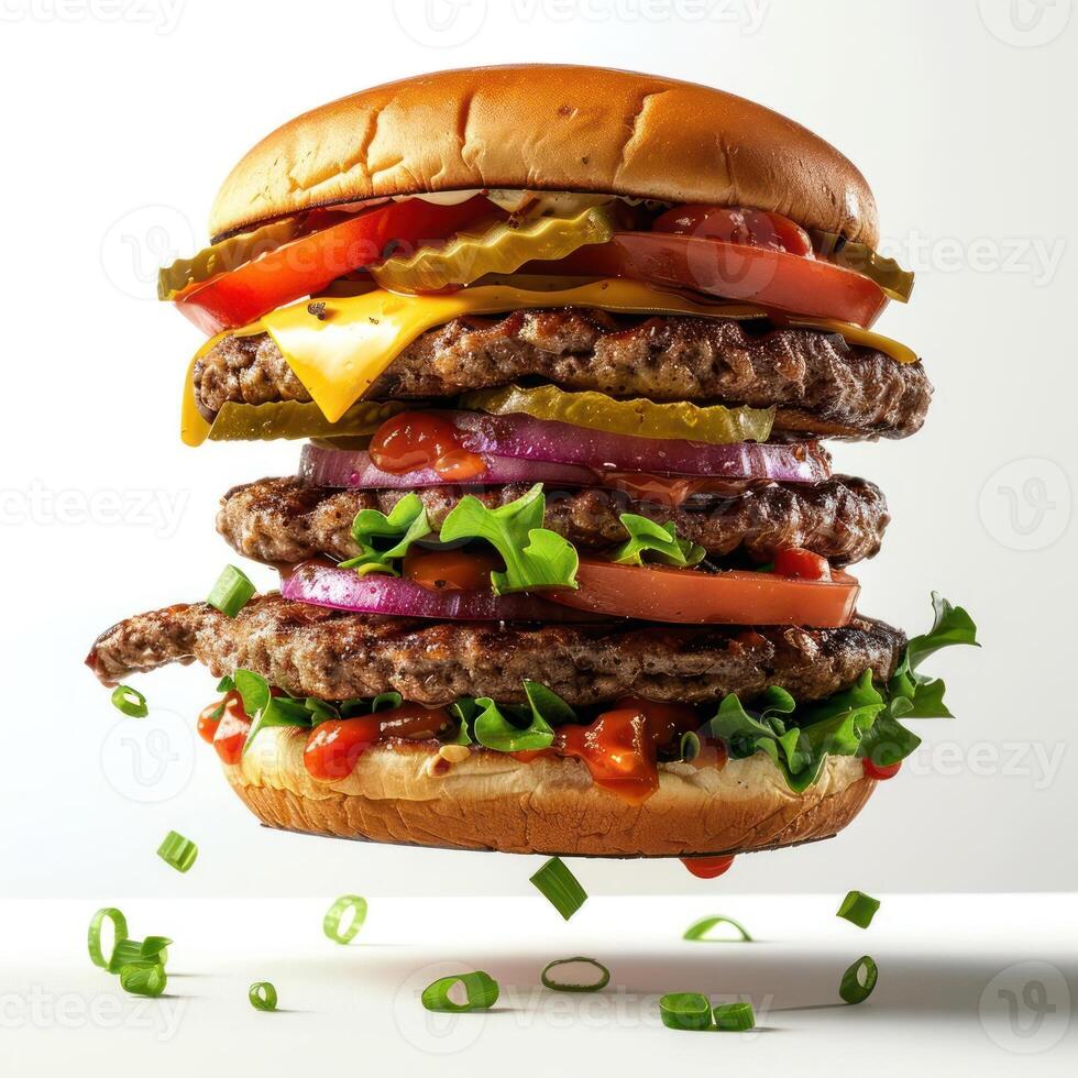 a large hamburger with lettuce, tomato, onion and cheese photo