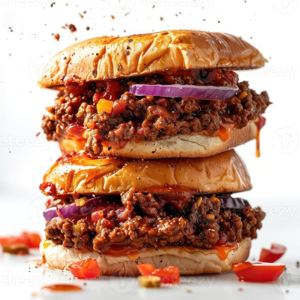 a stack of hamburgers with meat and vegetables photo