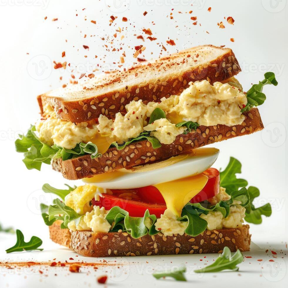 a sandwich with eggs, lettuce, tomato, and cheese photo