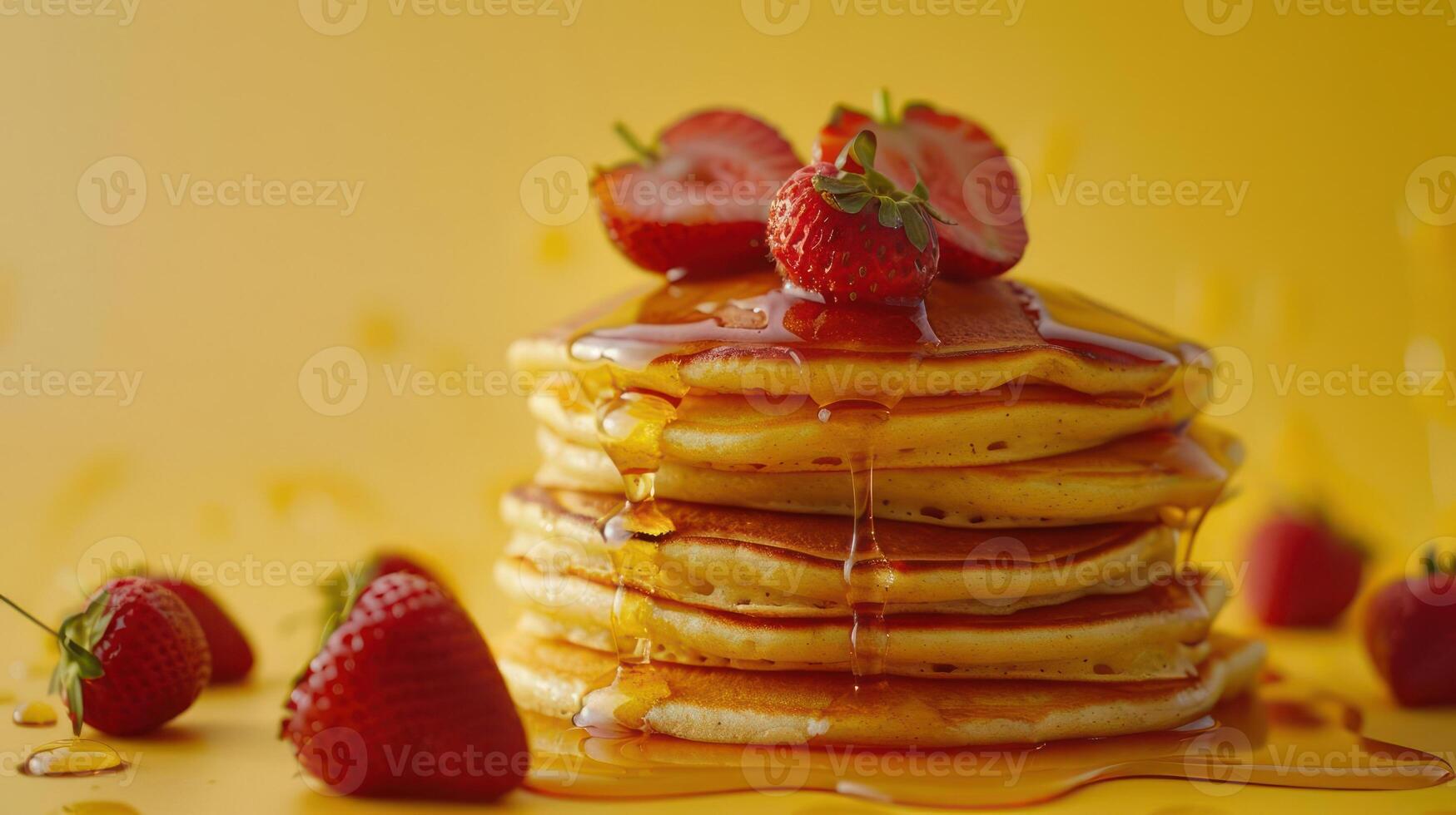 a stack of pancakes with syrup and strawberries photo