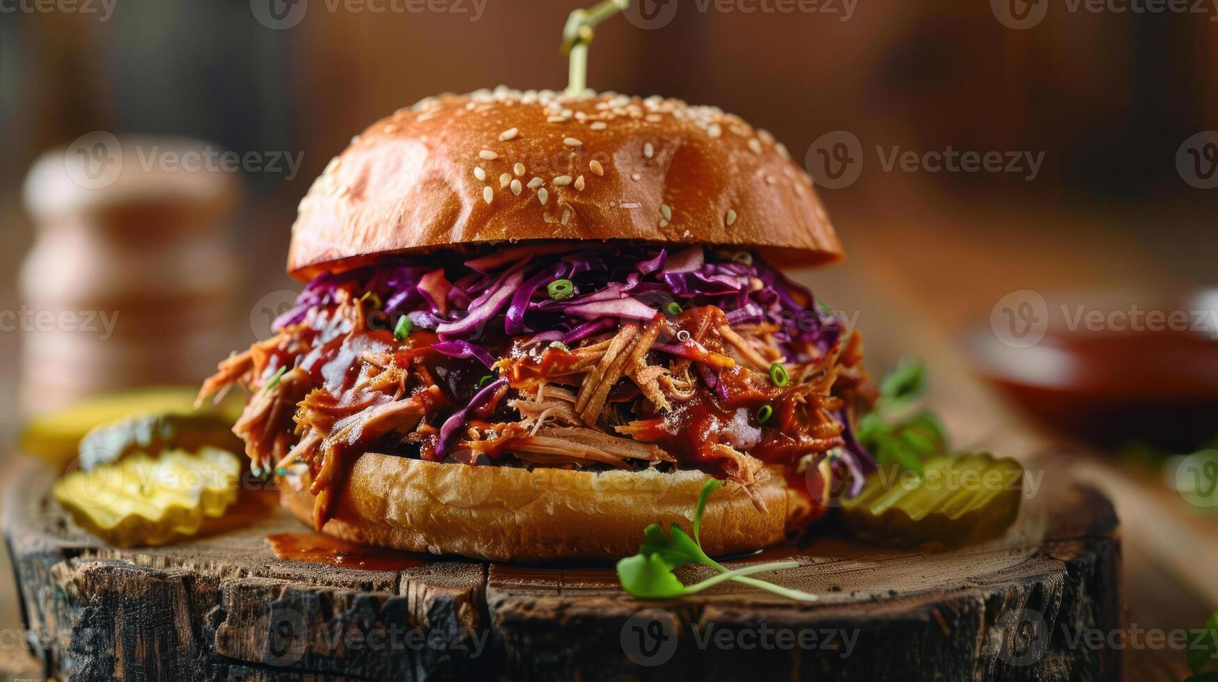 a pulled pork sandwich with coleslaw and pickles photo