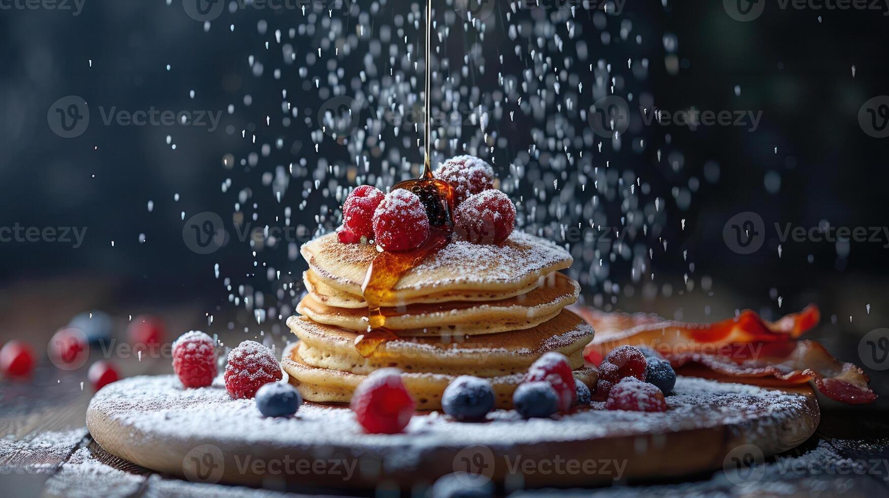 a stack of pancakes topped with berries and syrup photo