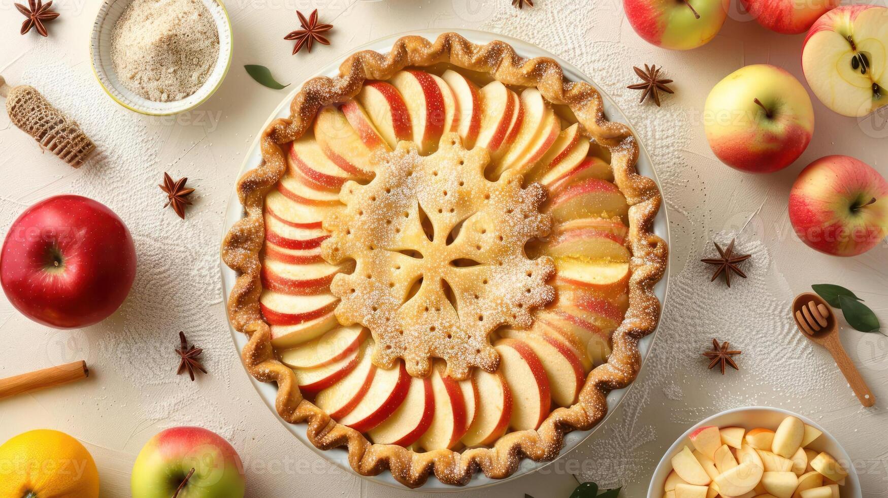 an apple pie surrounded by apples and spices photo
