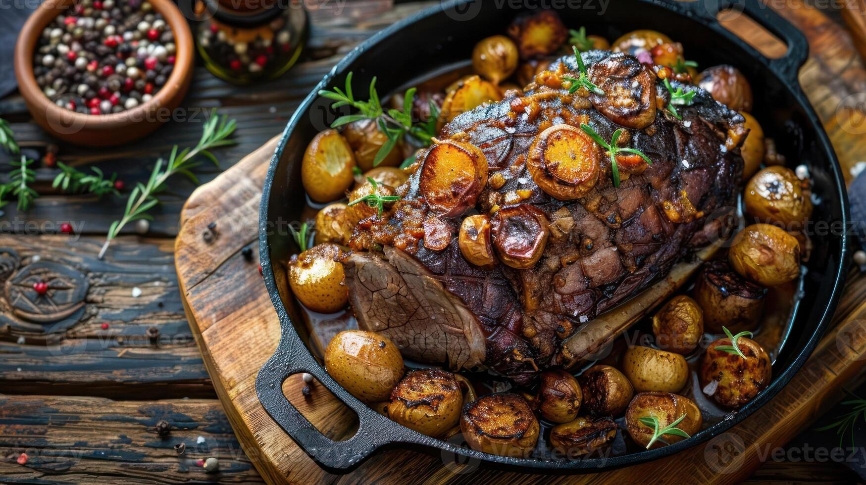 a steak and potatoes in a cast iron skillet photo