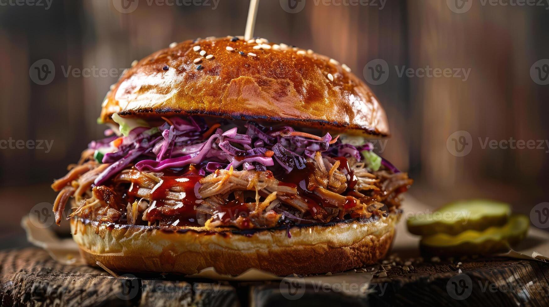a pulled pork sandwich with coleslaw and pickles photo