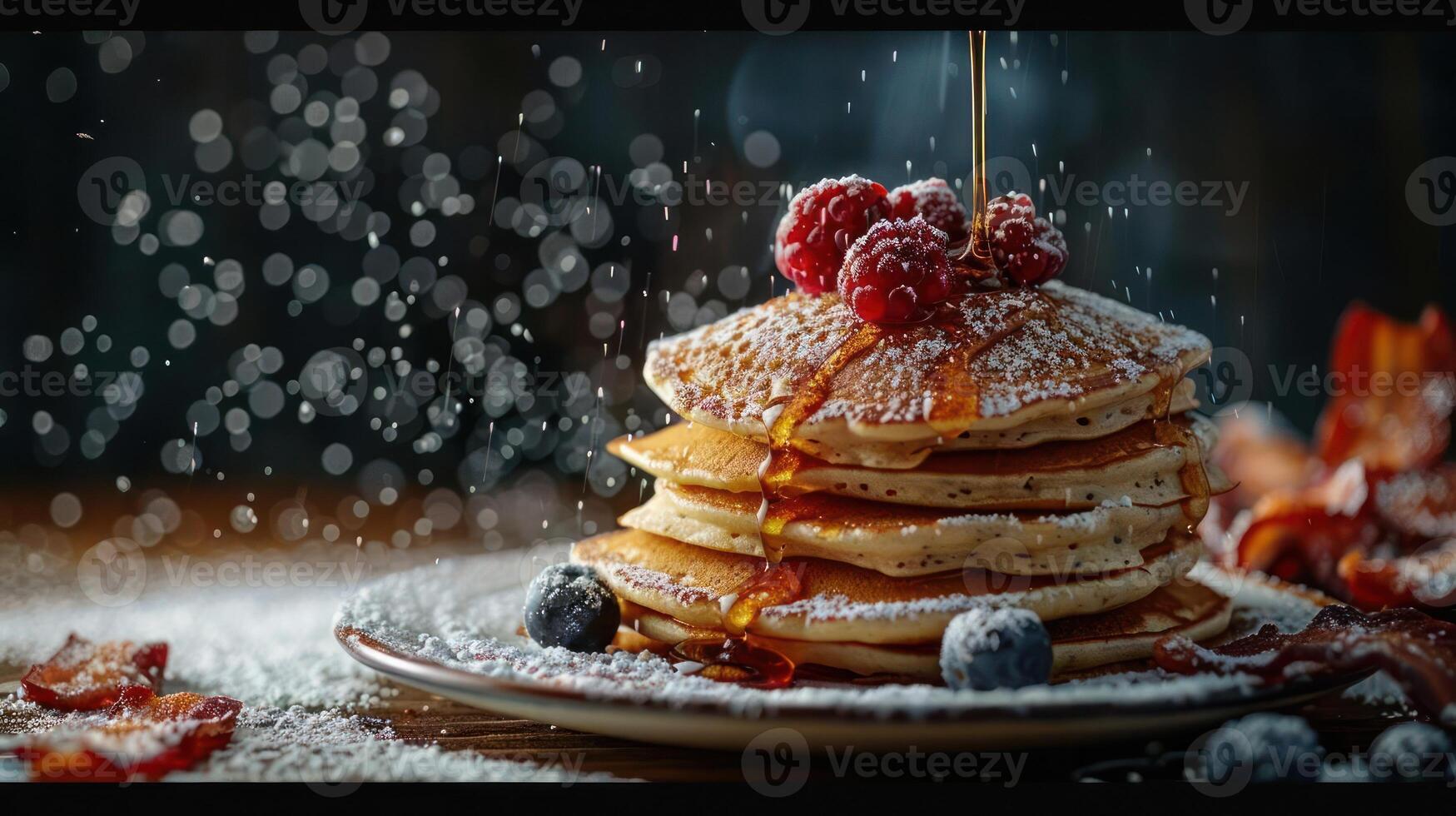 a stack of pancakes topped with berries and syrup photo
