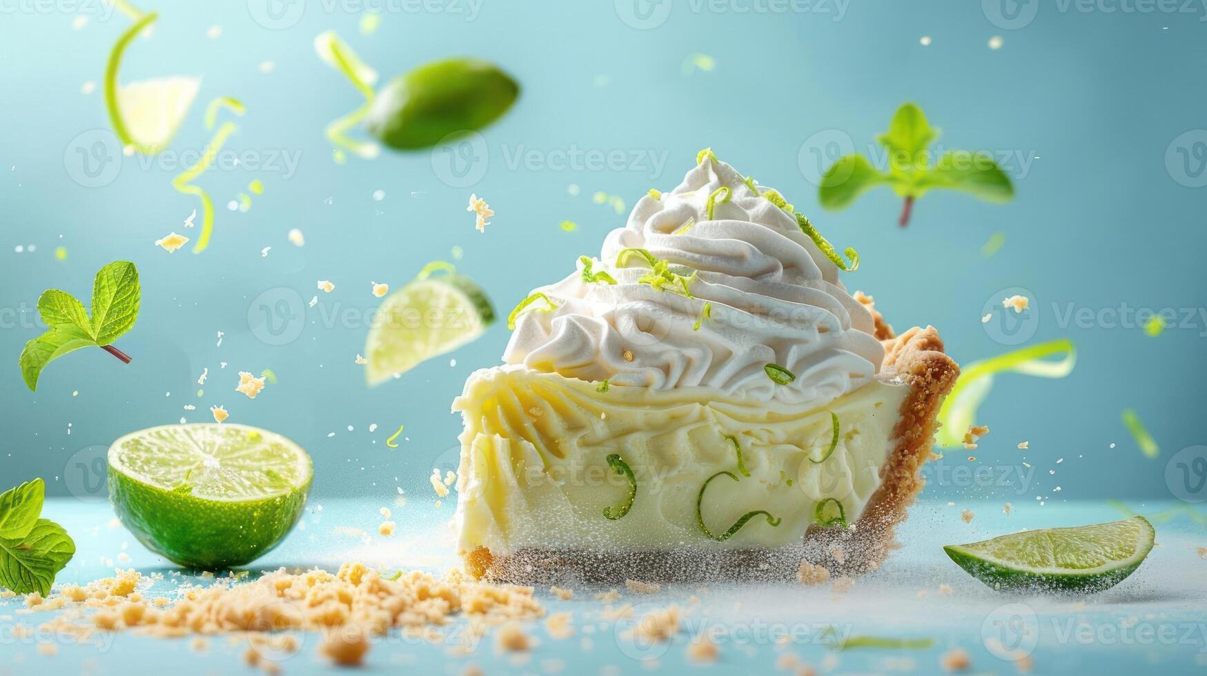 a slice of lime pie with whipped cream and limes around it photo