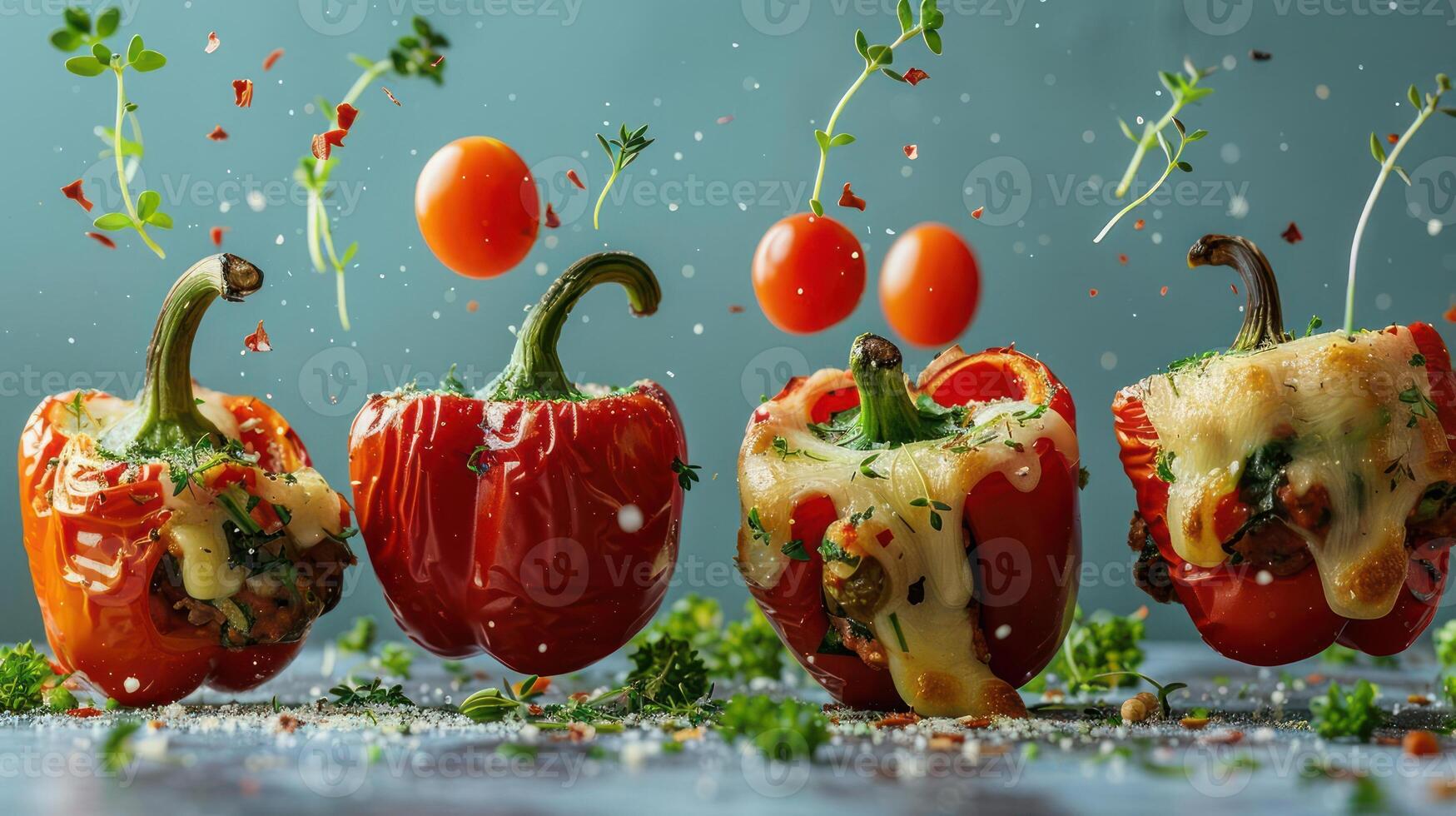 a group of three red peppers with cheese and vegetables falling out of them photo