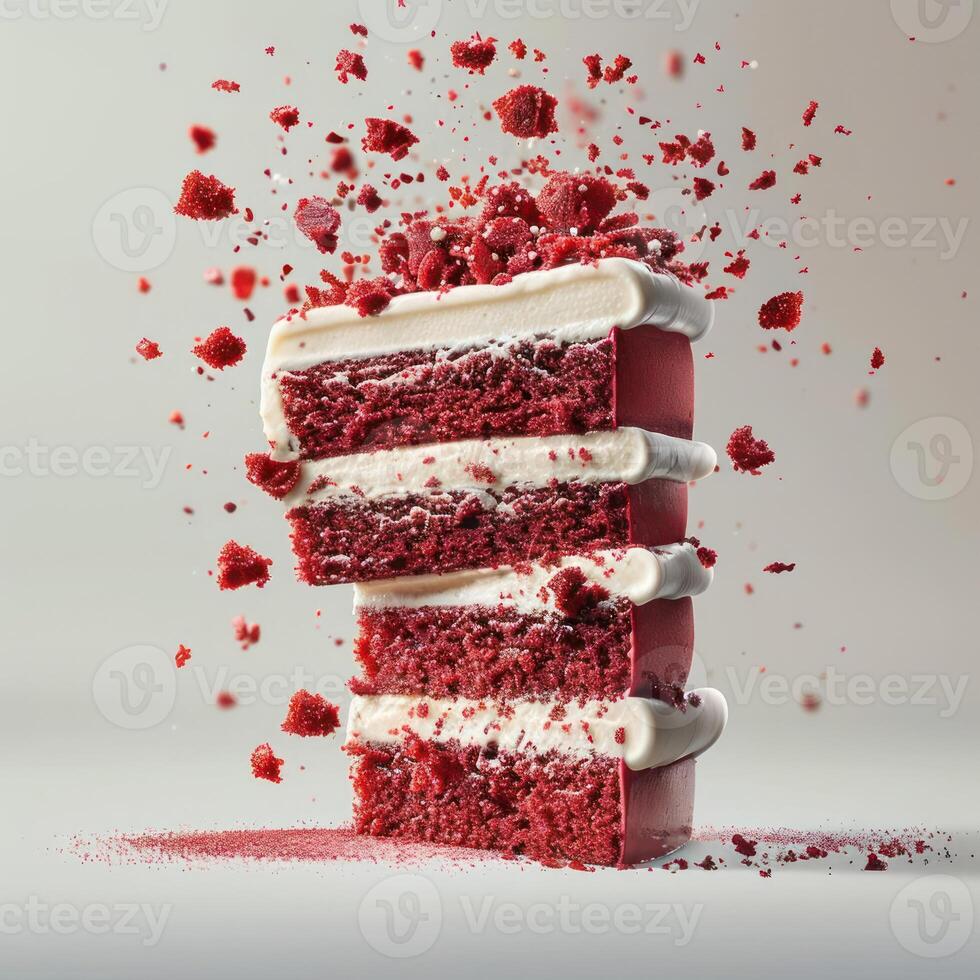 a piece of red velvet cake with white frosting photo