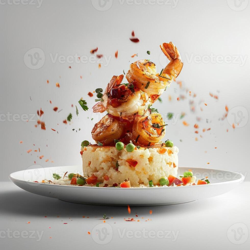 a white plate topped with shrimp and rice photo
