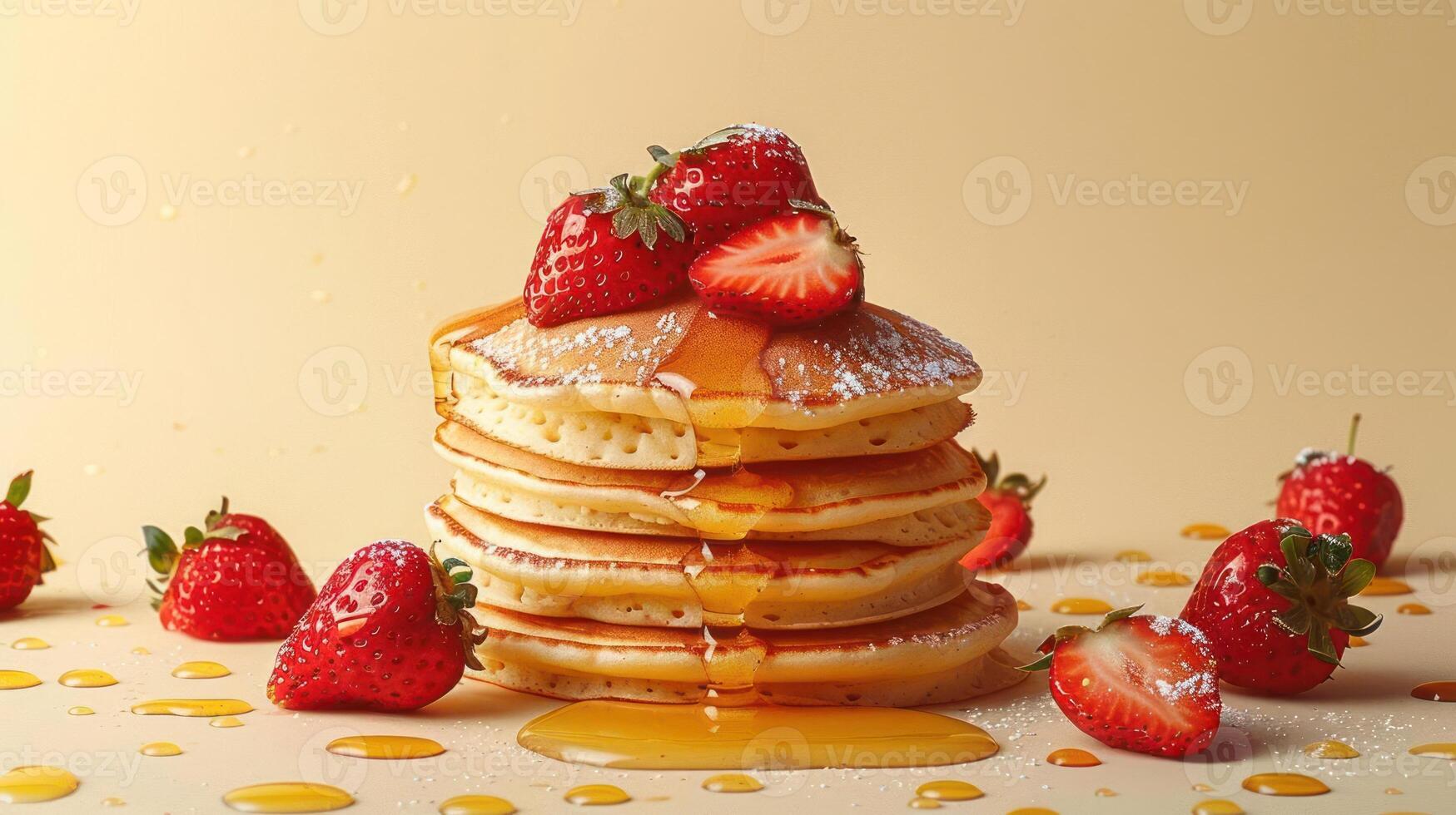 a stack of pancakes covered in syrup and strawberries photo