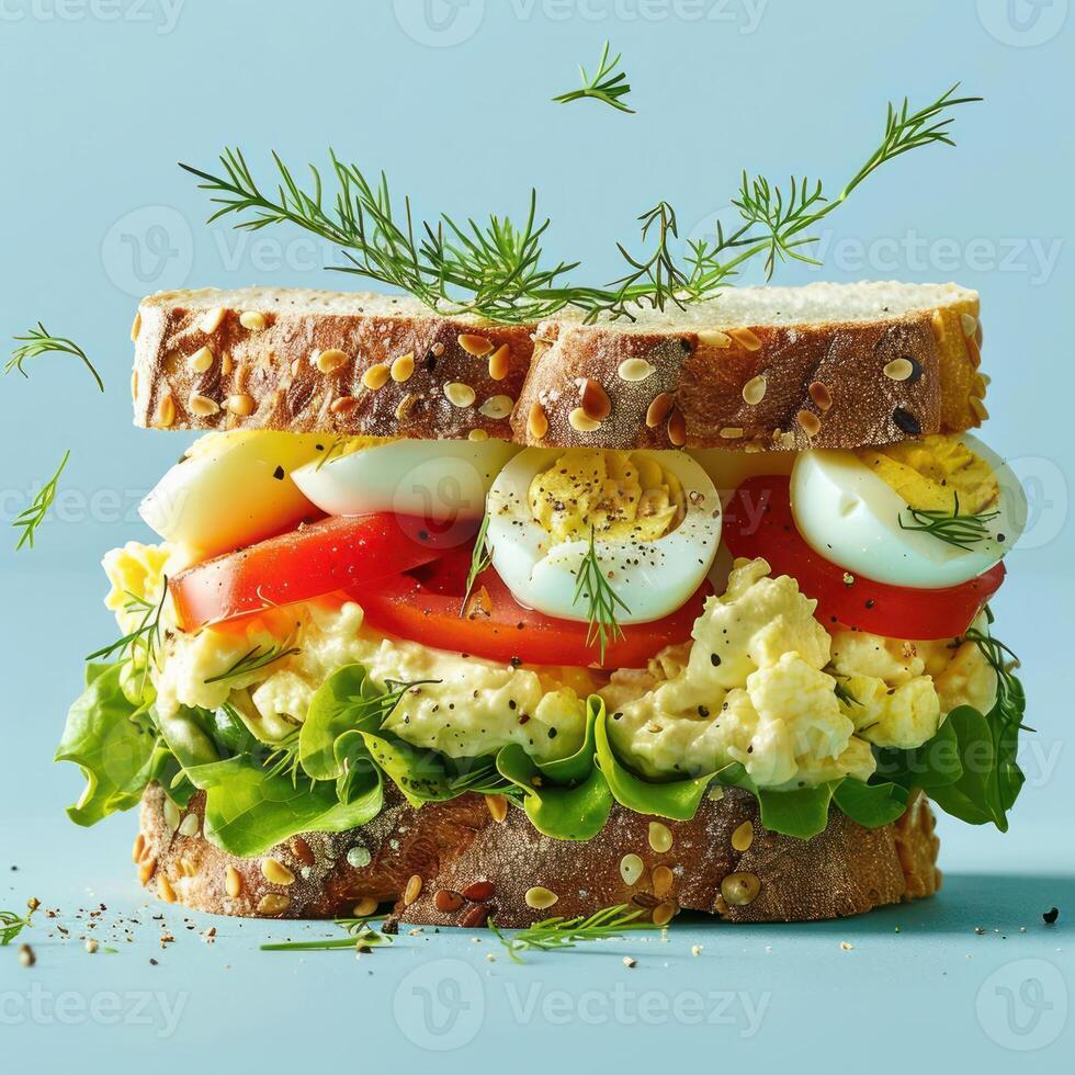 a close up of a sandwich on a blue surface photo
