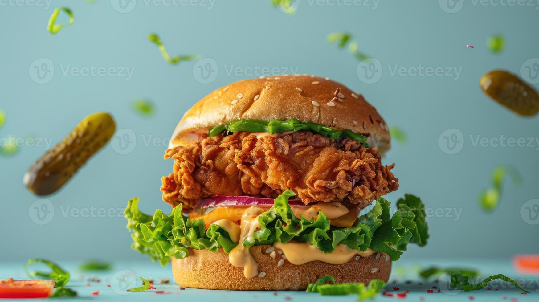 a chicken sandwich with lettuce and sauce photo