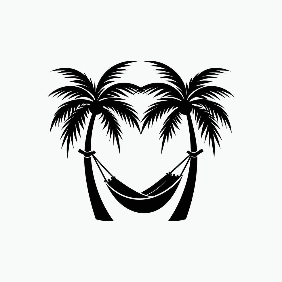 Hammock tied to two palm trees silhouette isotated on white background. vector