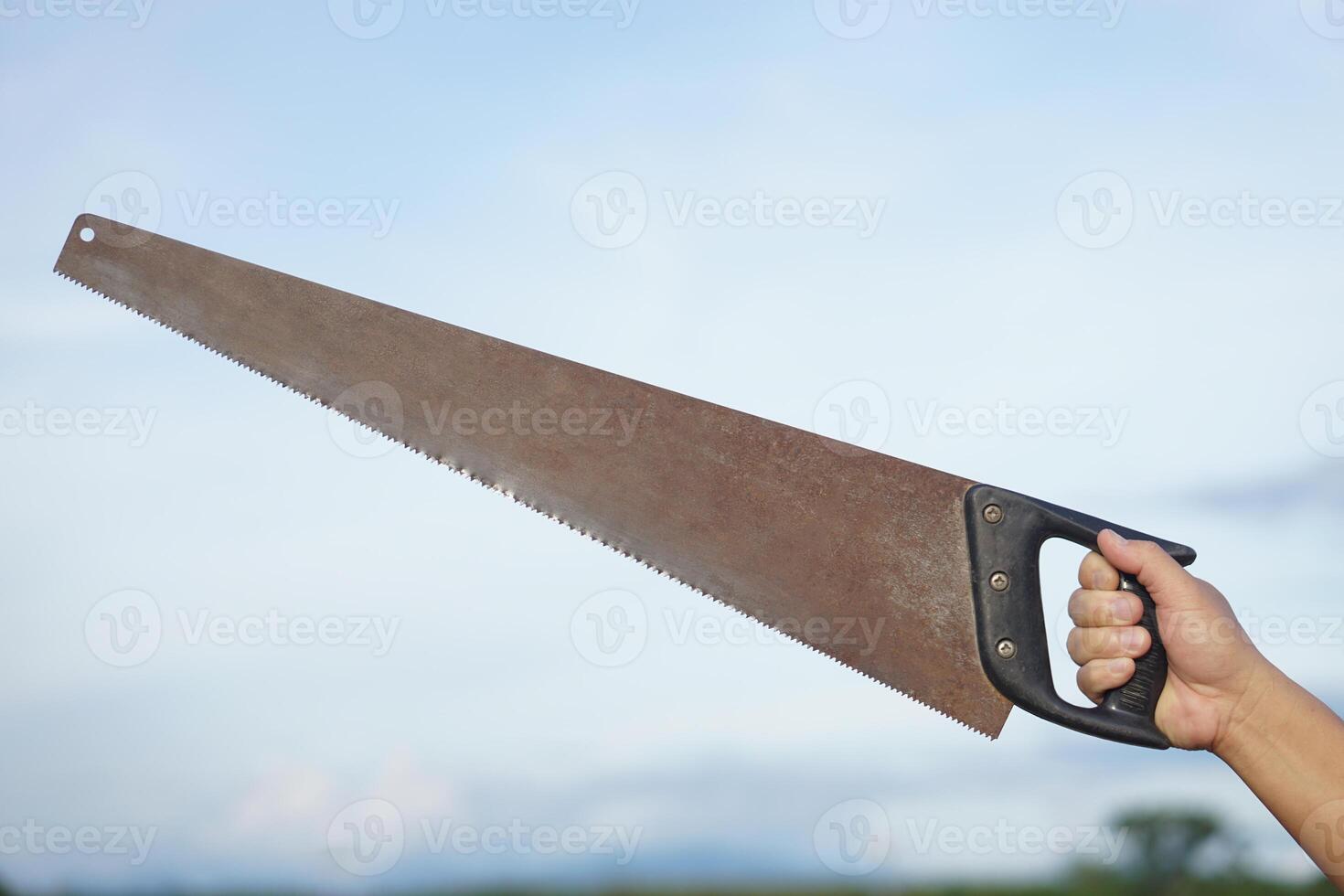 Close up carpenter hand holds old saw. Concept, tool for cutting. Carpentry , woodwork and construction work tool. Carpentry. use for cutting wood. Handsaw for carpenter. photo