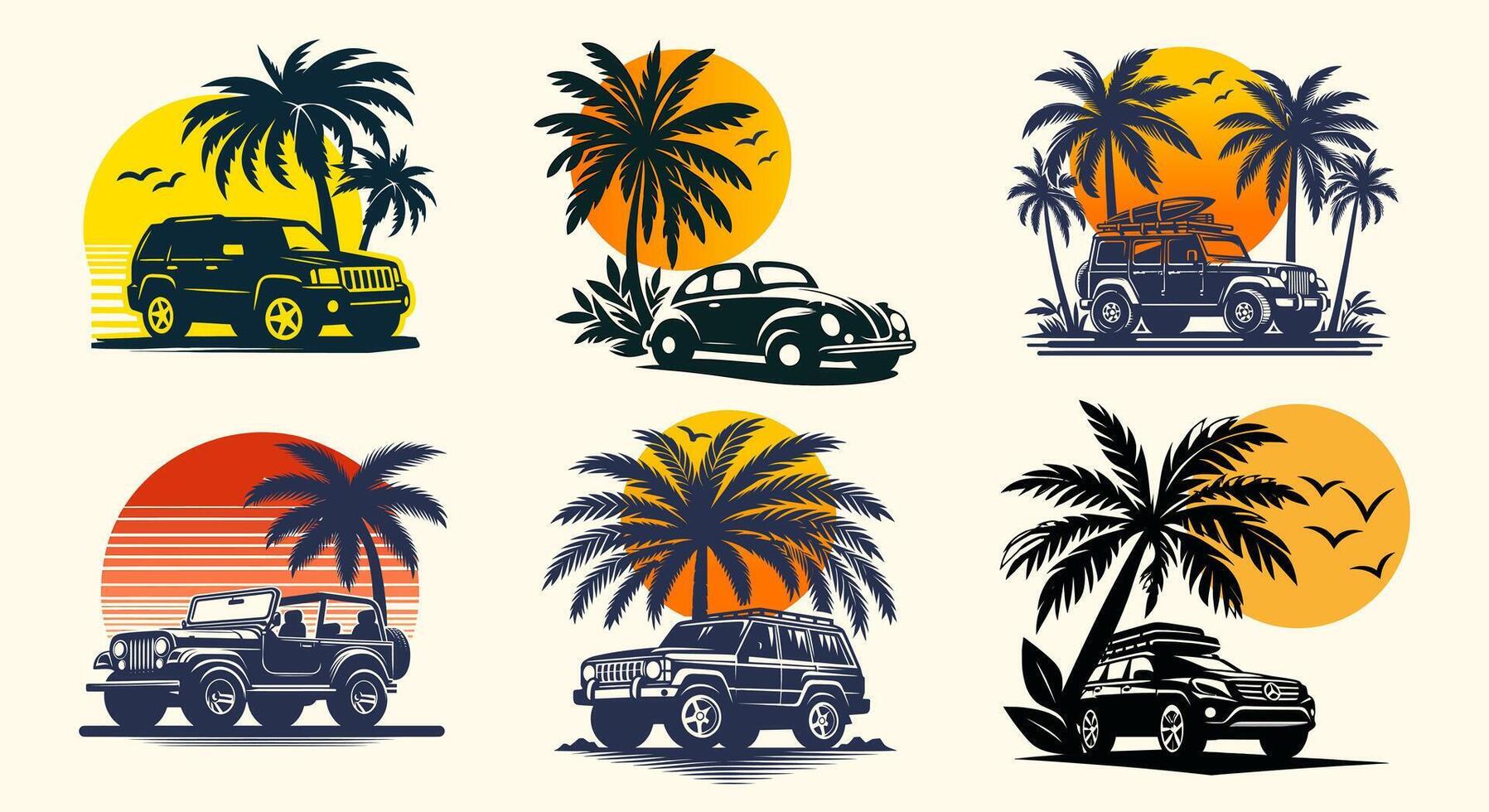 car with sunset and retro-style palm t shirt design vector