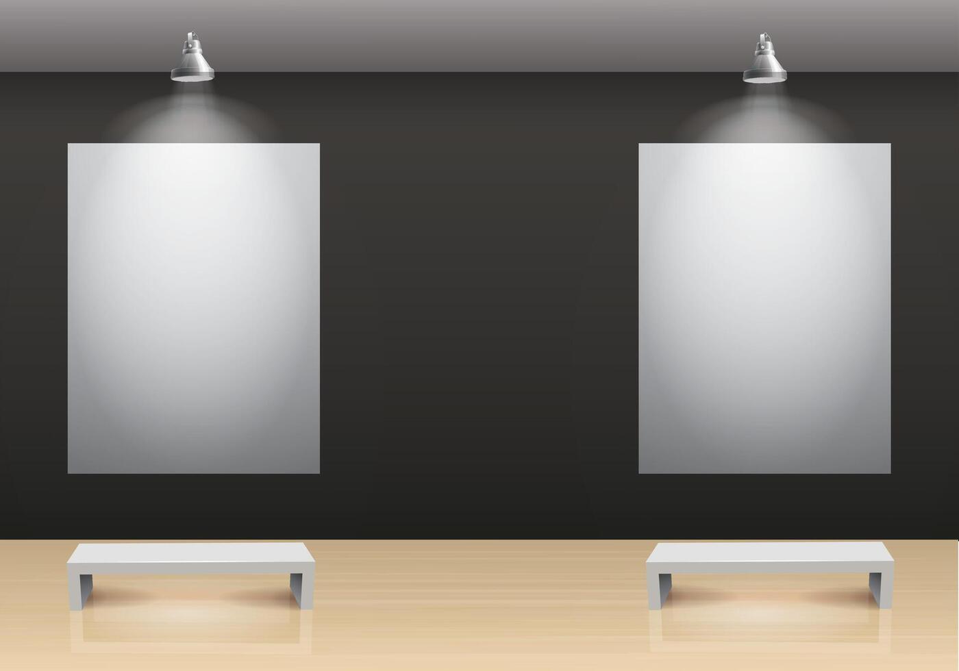 Two white blank canvas hanging on black wall in gallery museum room vector