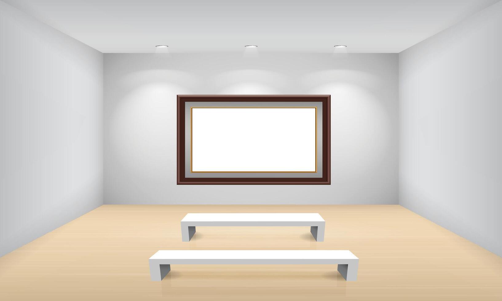 3D museum gallery illustration blank frame with chair in white room vector