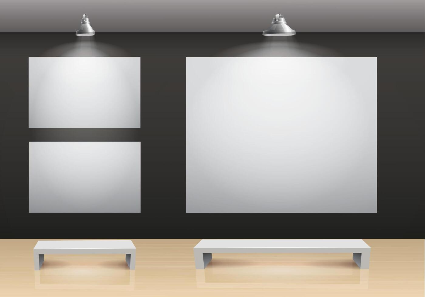 three white blank canvas hanging on black wall in gallery museum room vector
