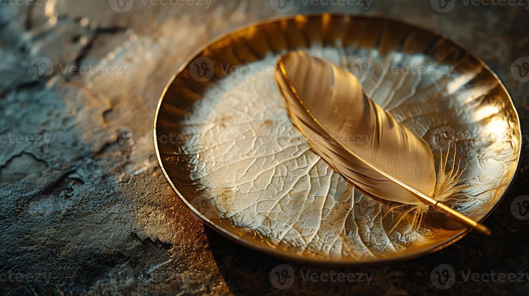 A golden feather plate on the table A feather plate with a sharp shadow Detail of kitchen utensils Interior decor art photo