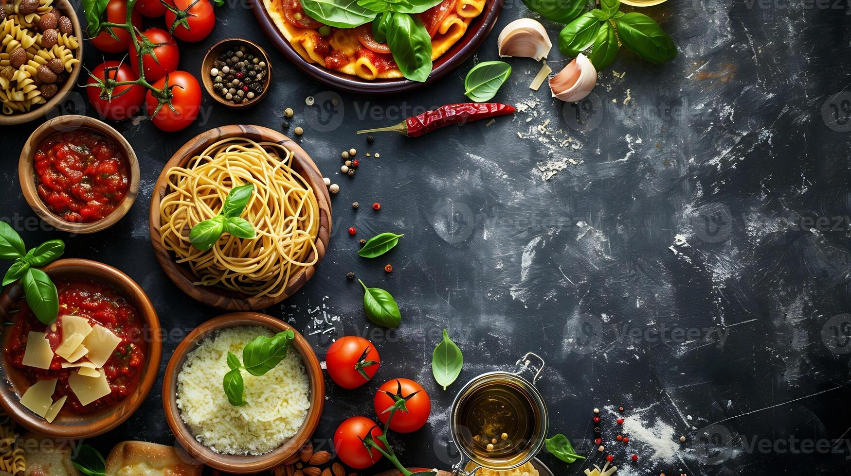 Italian food on dark background with pasta pizza top view photo