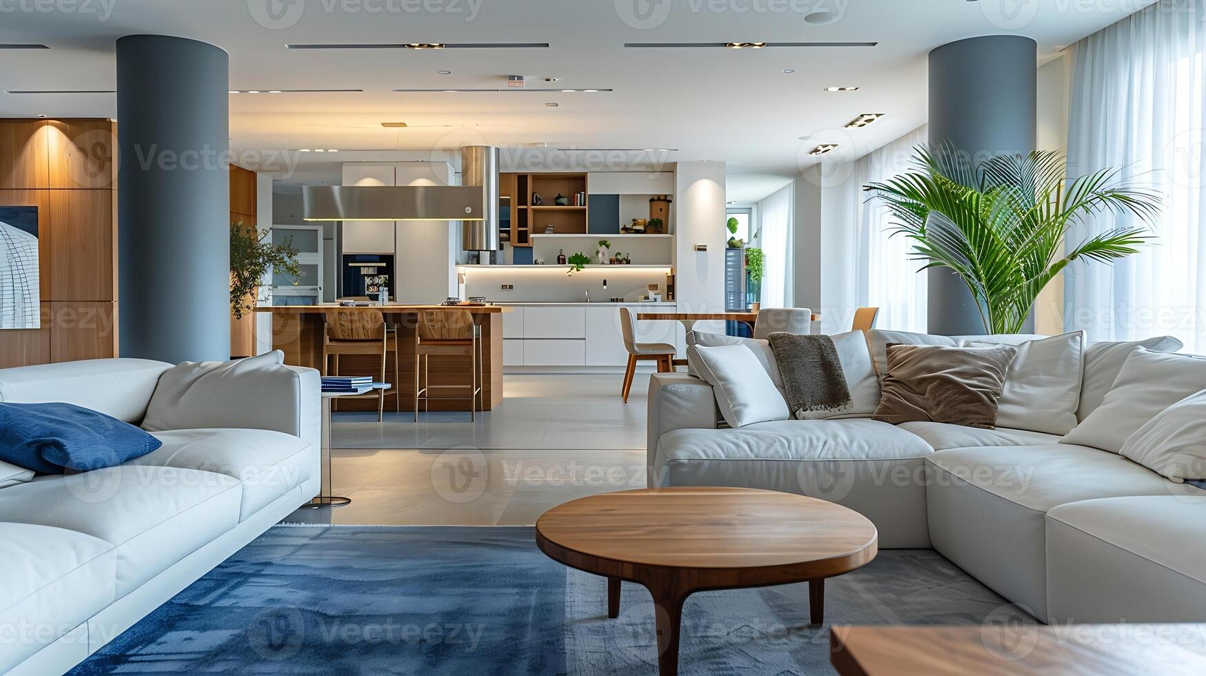 minimalist modern interior design huge bright apartment with an open plan in Scandinavian style in white blue and dark blue colors with columns in the center includes kitchen area photo