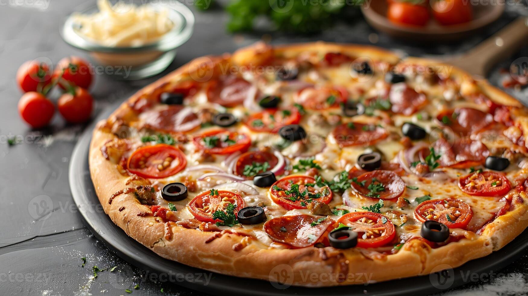 Italian pizza with cheese olives tomato onion pepperoni sausage on a gray table side view photo