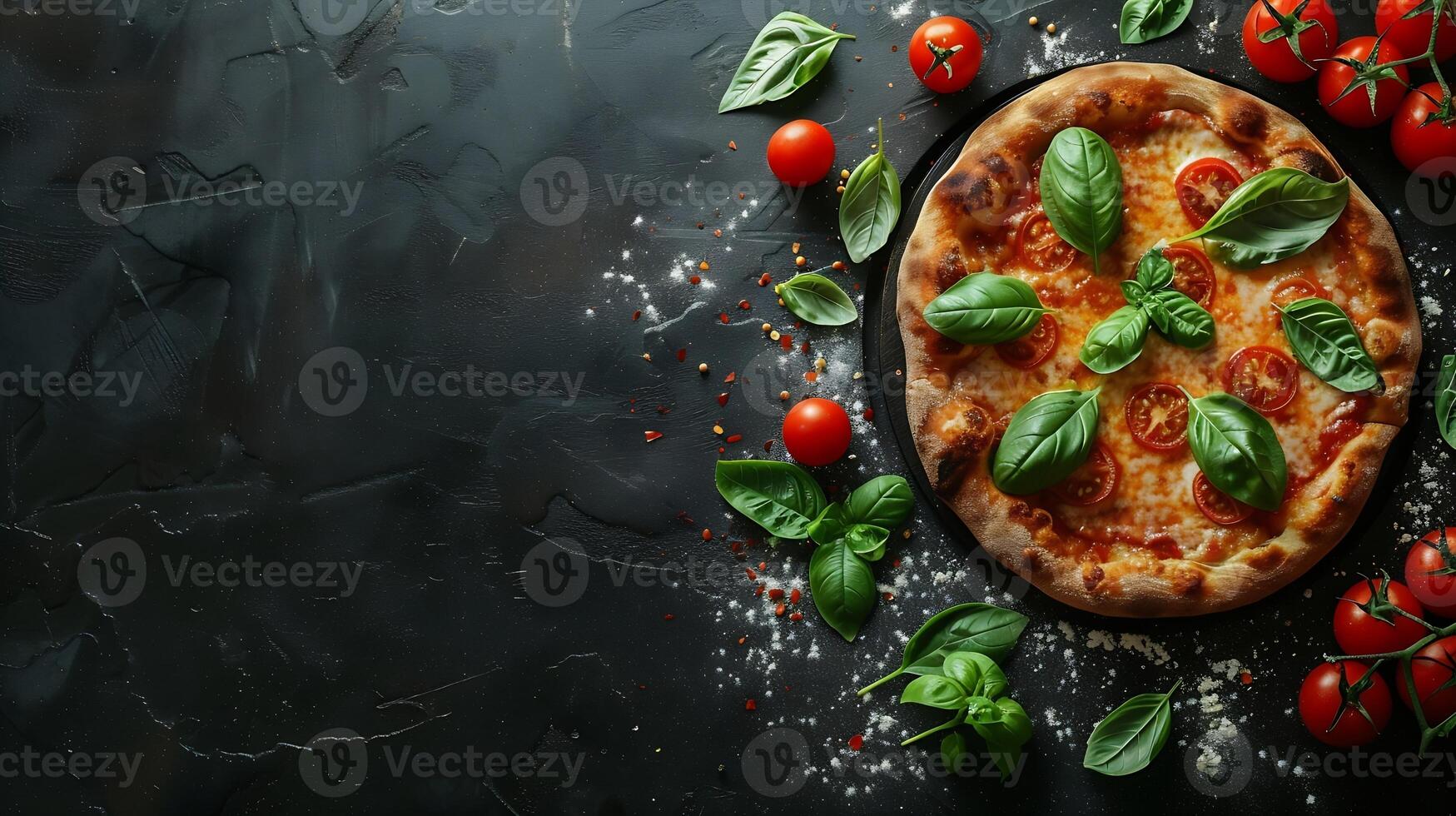 Italian food on dark background with pasta pizza top view photo