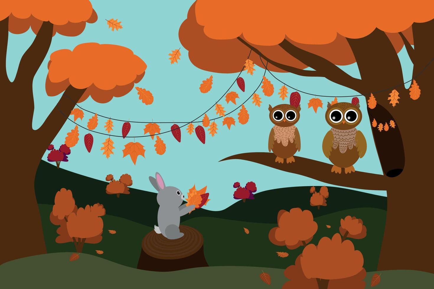 Owls in the autumn forest. the bunny gives the collected leaves to the owls. vector