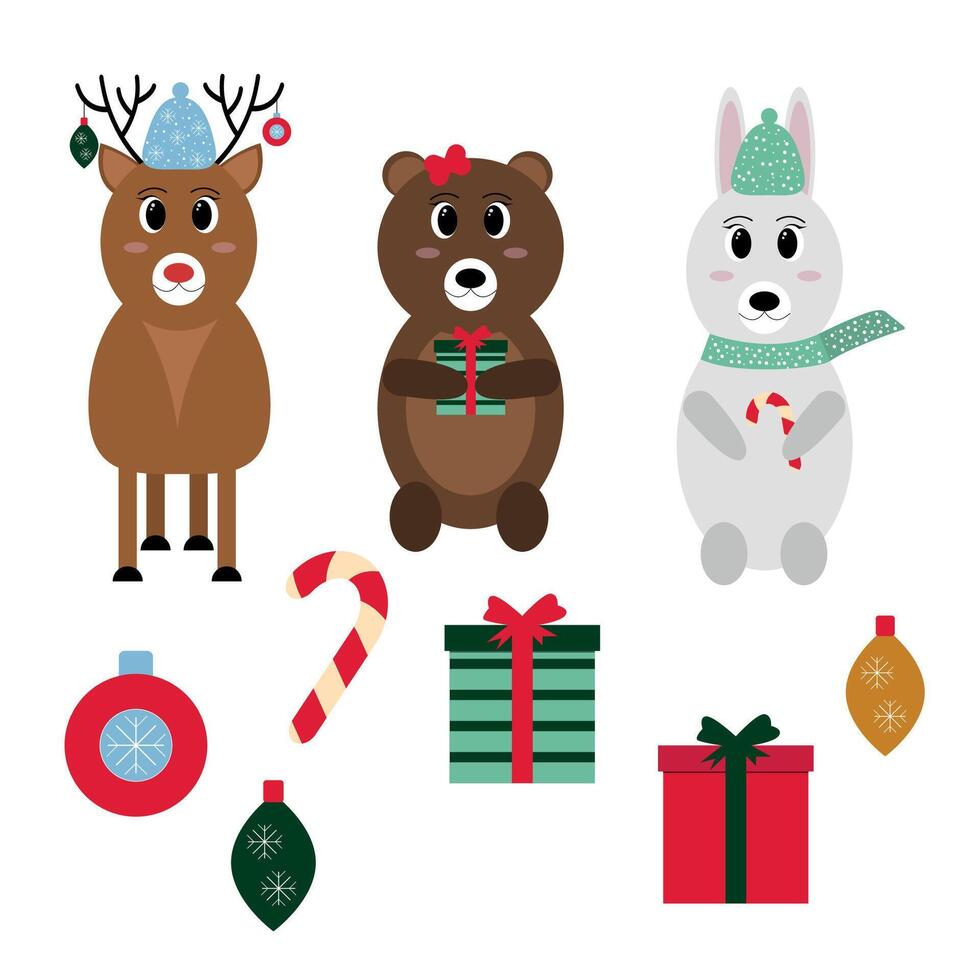 Isolated Christmas set, bear, deer, bunny, rabbit, gift, christmas candy, christmas ball vector