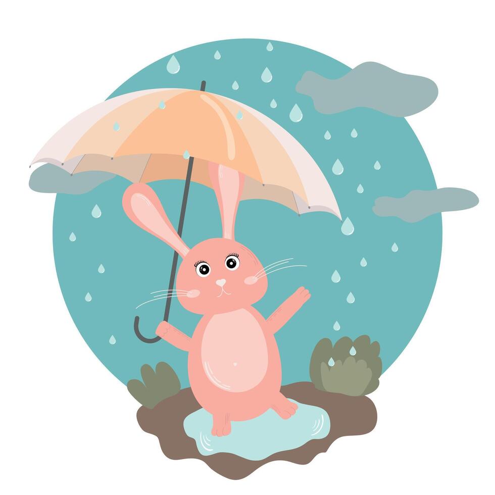 Cute bunny with an umbrella under the rain, autumn vector