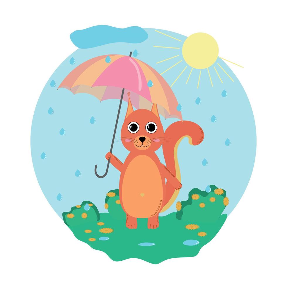Squirrel with umbrella under spring rain vector