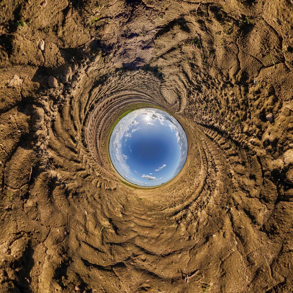 blue hole sphere or globe little planet inside sand or dry ground frame background with tractor tracks photo