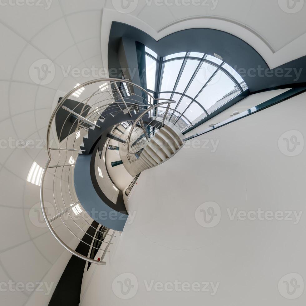 abstractly twisted into spherical 360 panorama interior of modern office with hall staircase and panoramic windows photo