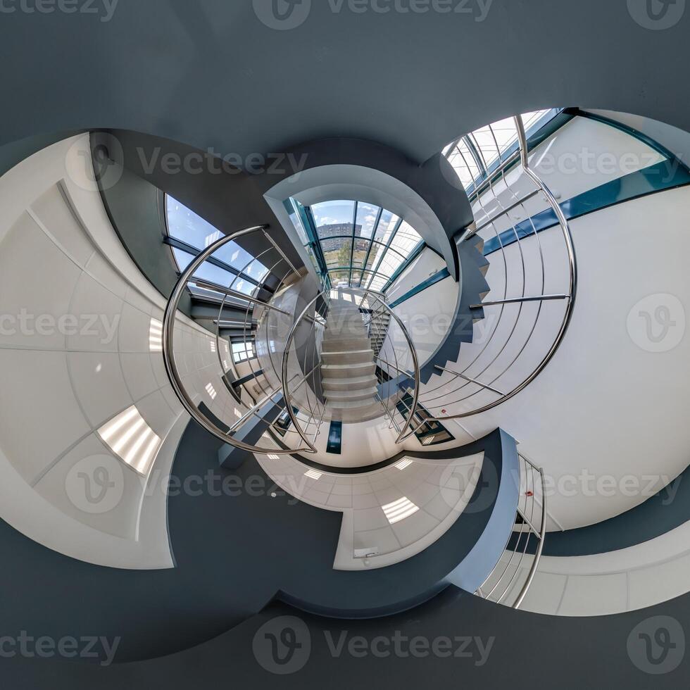 abstractly twisted into spherical 360 panorama interior of modern office with hall staircase and panoramic windows photo