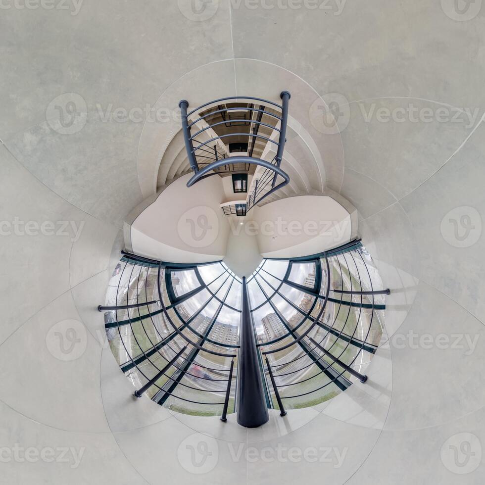abstractly twisted into spherical 360 panorama interior of modern office with hall staircase and panoramic windows photo