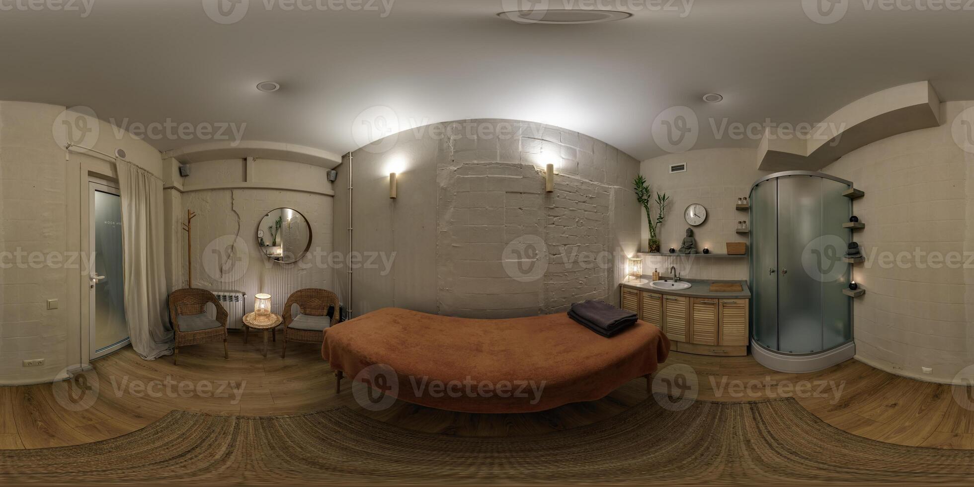 hdri 360 panorama view in stylish beauty spa and massage saloon in wooden room in equirectangular seamless spherical projection. photo