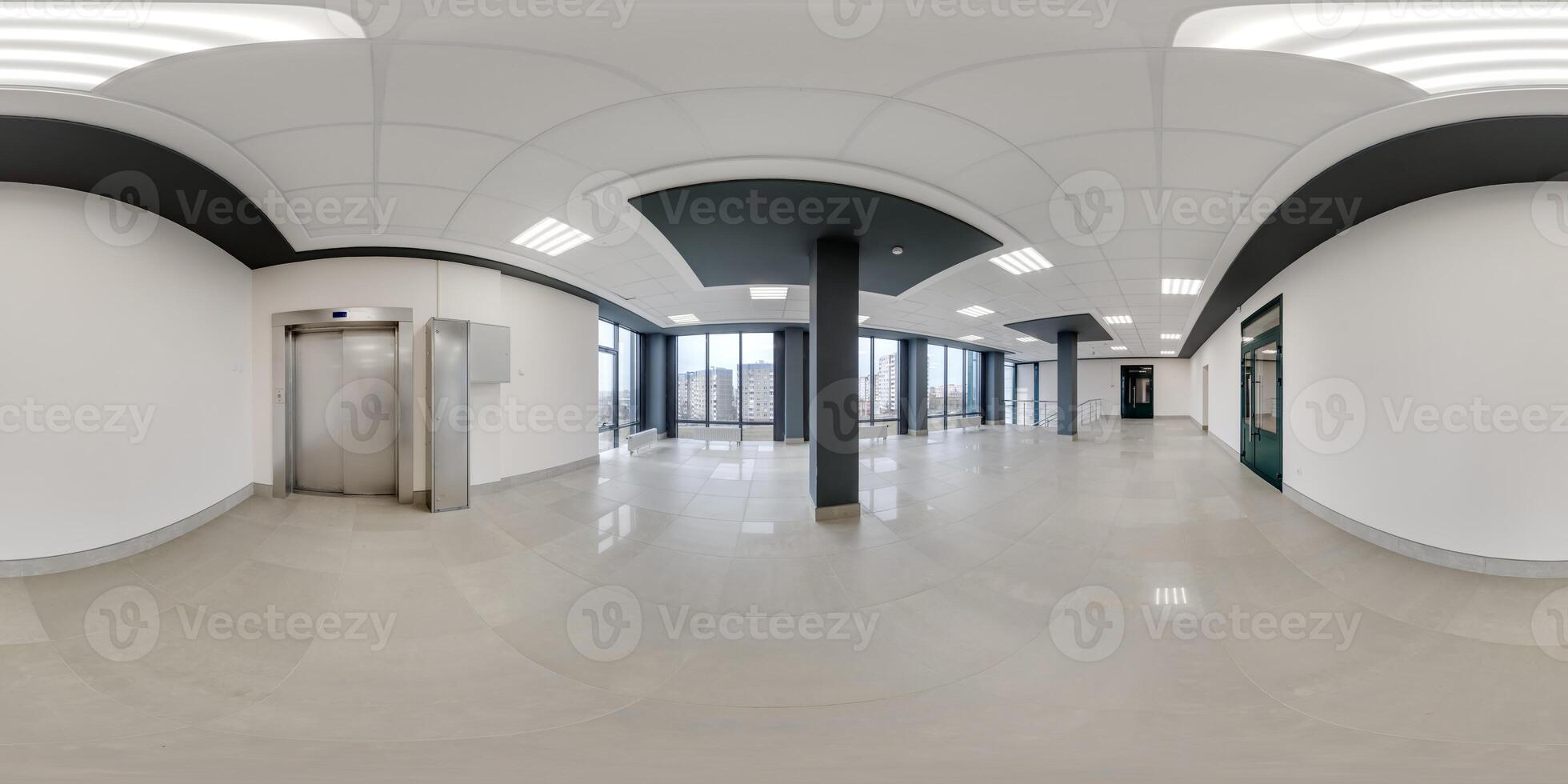 hdri 360 panorama view in empty modern hall with columns, doors and panoramic windows in equirectangular seamless spherical projection, ready for AR VR content photo