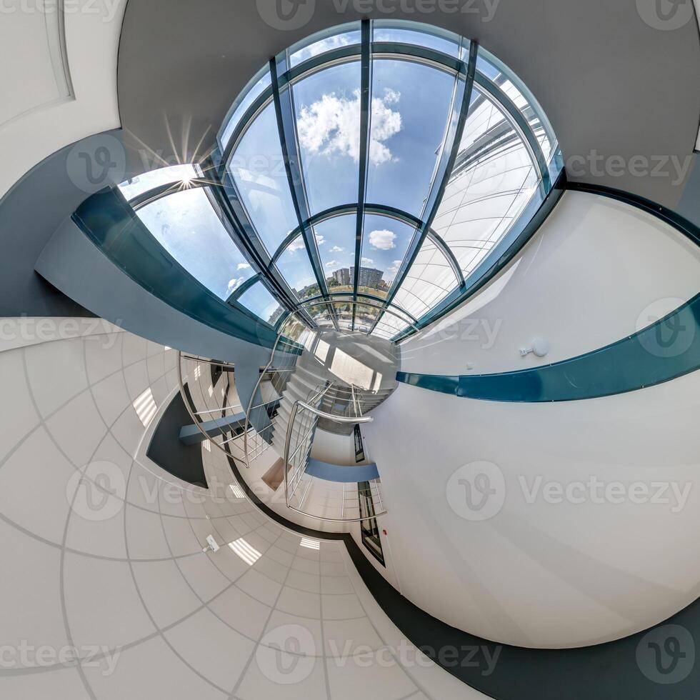 abstractly twisted into spherical 360 panorama interior of modern office with hall staircase and panoramic windows photo