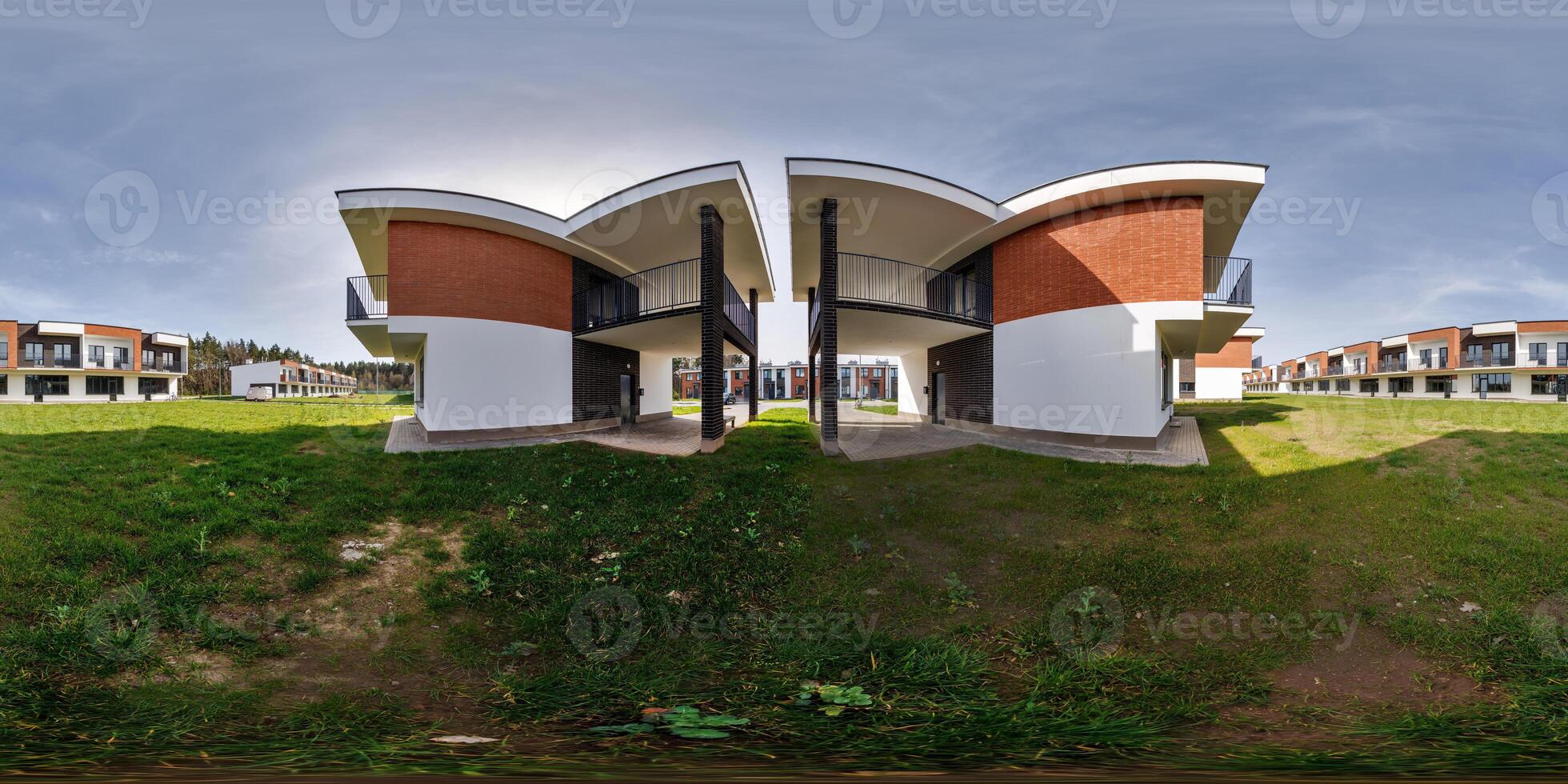 hdri 360 panorama in low-rise residential townhouse or public buildings complex with several multi-level apartments with isolated entrances in equirectangular spherical seamless projection photo