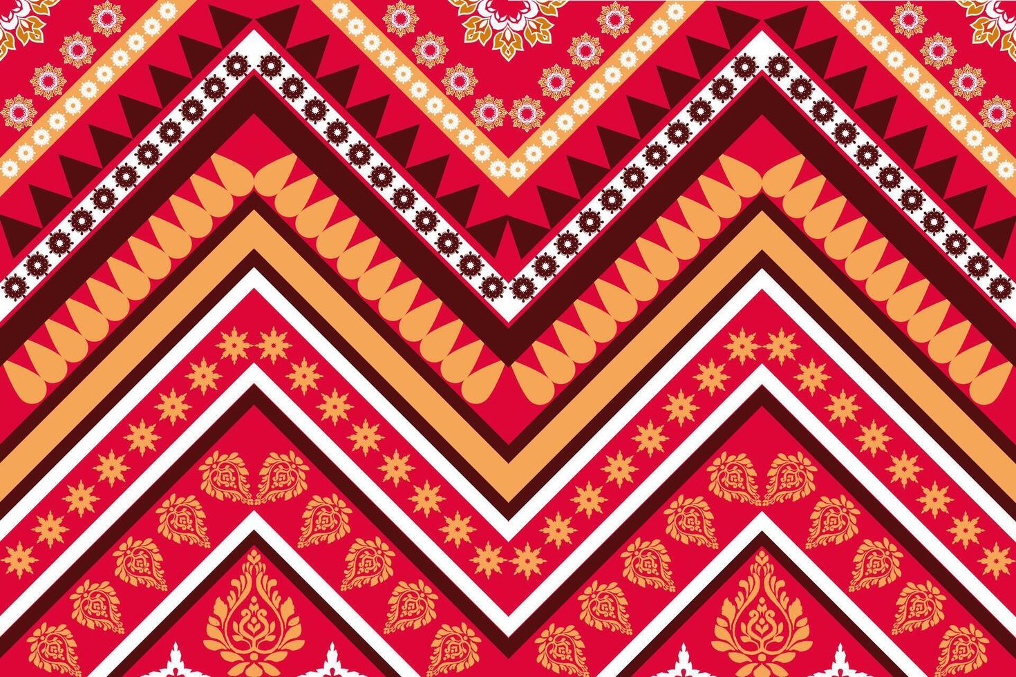 Tribal fabric pattern design, geometric shapes, colored triangles, tiles, ikat, embroidery, design for fabric pattern. Carpets, pillows, shirts, pants, bedding, curtains, patterns on glasses. vector