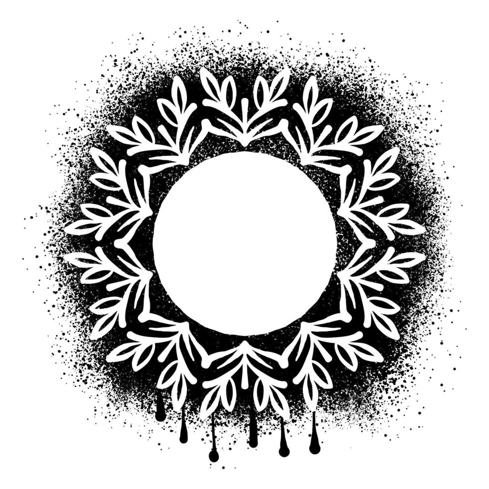 Hand drawn round frame with floral ornament over black paint splash vector